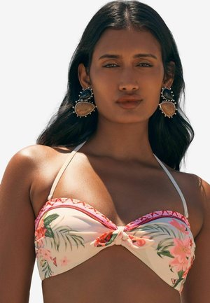 Bikini top met een bloemenprint in pastelkleuren, met een geknoopt middenstuk, verstelbare bandjes en decoratieve afwerking in felroze.