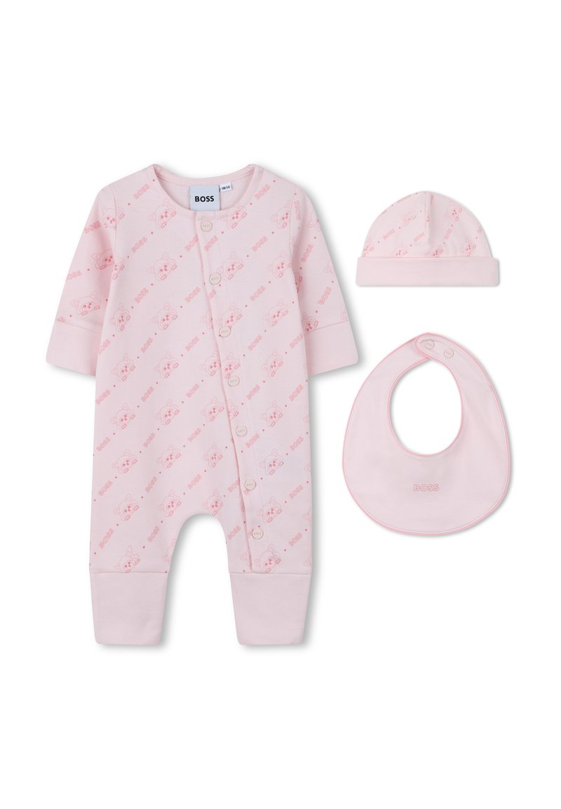 Body en coton rose à manches longues, avec un motif répétitif de petits visages d'animaux, accompagné d'un chapeau et d'un bavoir assortis.