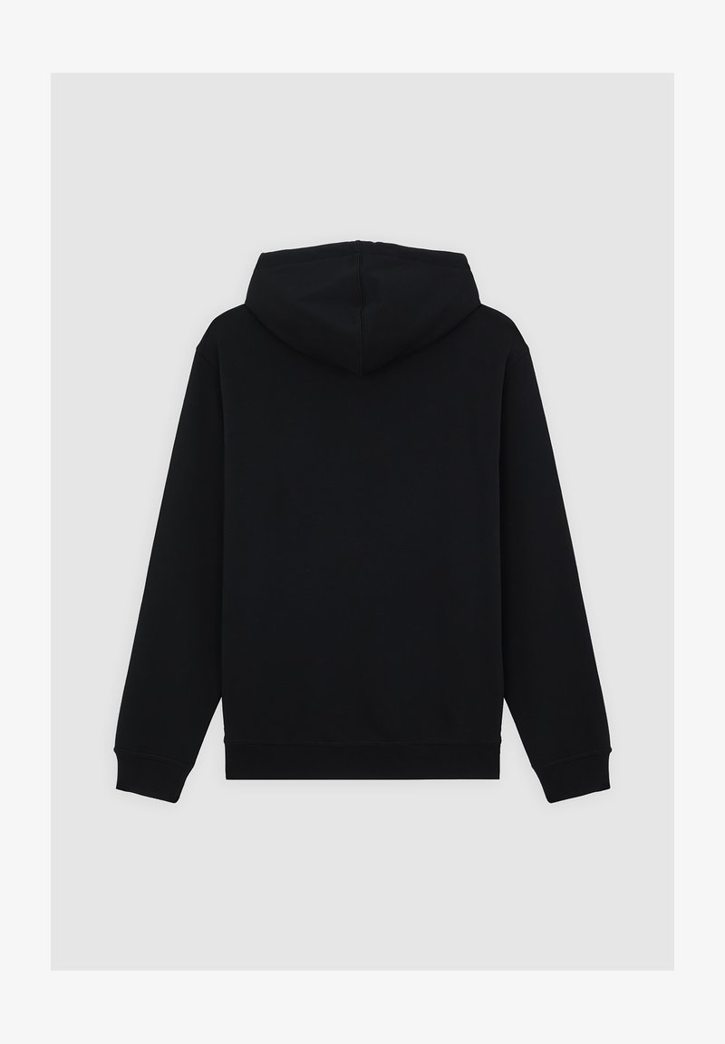 Felpa nera con cappuccio realizzata in tessuto morbido. Presenta maniche lunghe, una tasca frontale a marsupio e polsini e orlo a costine. Design minimalista.