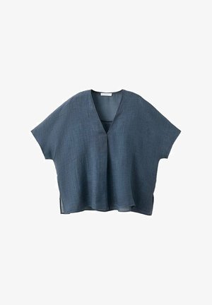 Loose-fitting, short-sleeve, dark gray linen blouse with a deep V-neck and side slits on a white background.