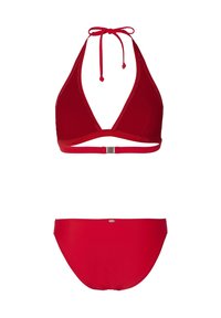 Červený bikiny set s dizajnom okolo krku. Vrchná časť má trojuholníkový tvar a zaväzuje sa okolo krku, zatiaľ čo spodná časť je jednoduchý zodpovedajúci klasický model.