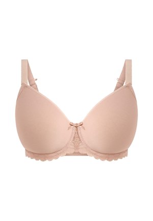 Draadloze beha in zacht nude stof met gladde cups, kantafwerking en een klein strikje in het midden. Verstelbare bandjes maken het ontwerp compleet.