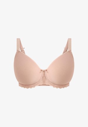 Sujetador sin aros en suave tela nude con copas lisas, ribete de encaje y un pequeño lazo en el centro. Tirantes ajustables completan el diseño.