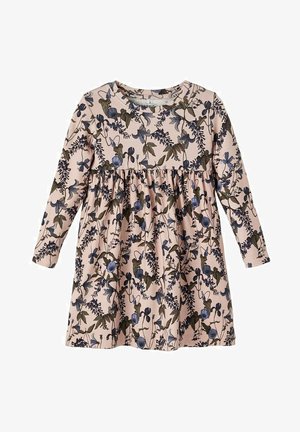 Robe à manches longues pour tout-petit avec une taille froncée, présentant une base rose et un motif floral intégral dans des tons bleus et verts.