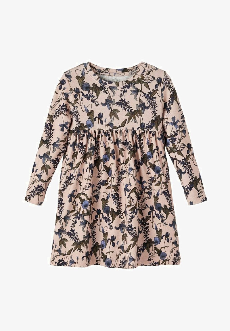 Robe à manches longues pour tout-petit avec une taille froncée, présentant une base rose et un motif floral intégral dans des tons bleus et verts.