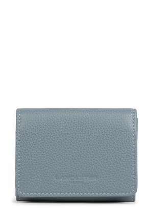 Light blue textured leather wallet with visible stitching and a slim, folded design on a white background.