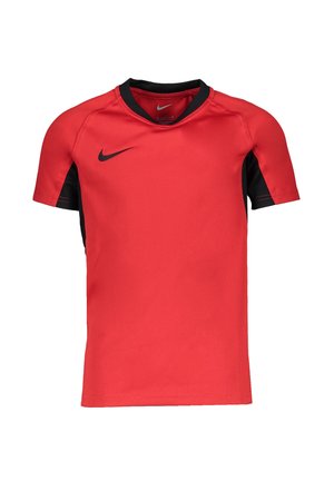 Rotes Sportshirt mit kurzen Ärmeln, schwarzem Kragen und Seitenteilen, mit schwarzem Nike Swoosh-Logo auf der Brust.