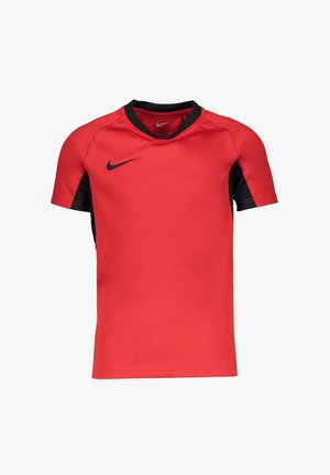 Rød kortærmet sportstrøje med sort krave og sidepaneler, med sort Nike swoosh-logo på brystet.