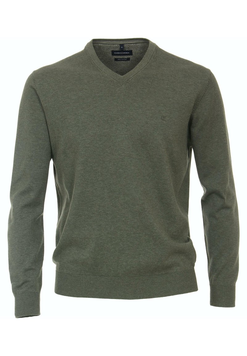 Grüner, langärmeliges V-Ausschnitt-Pullover aus weichem Strickmaterial. Hat gerippte Bündchen und Saum sowie ein kleines Logo auf der Brust.