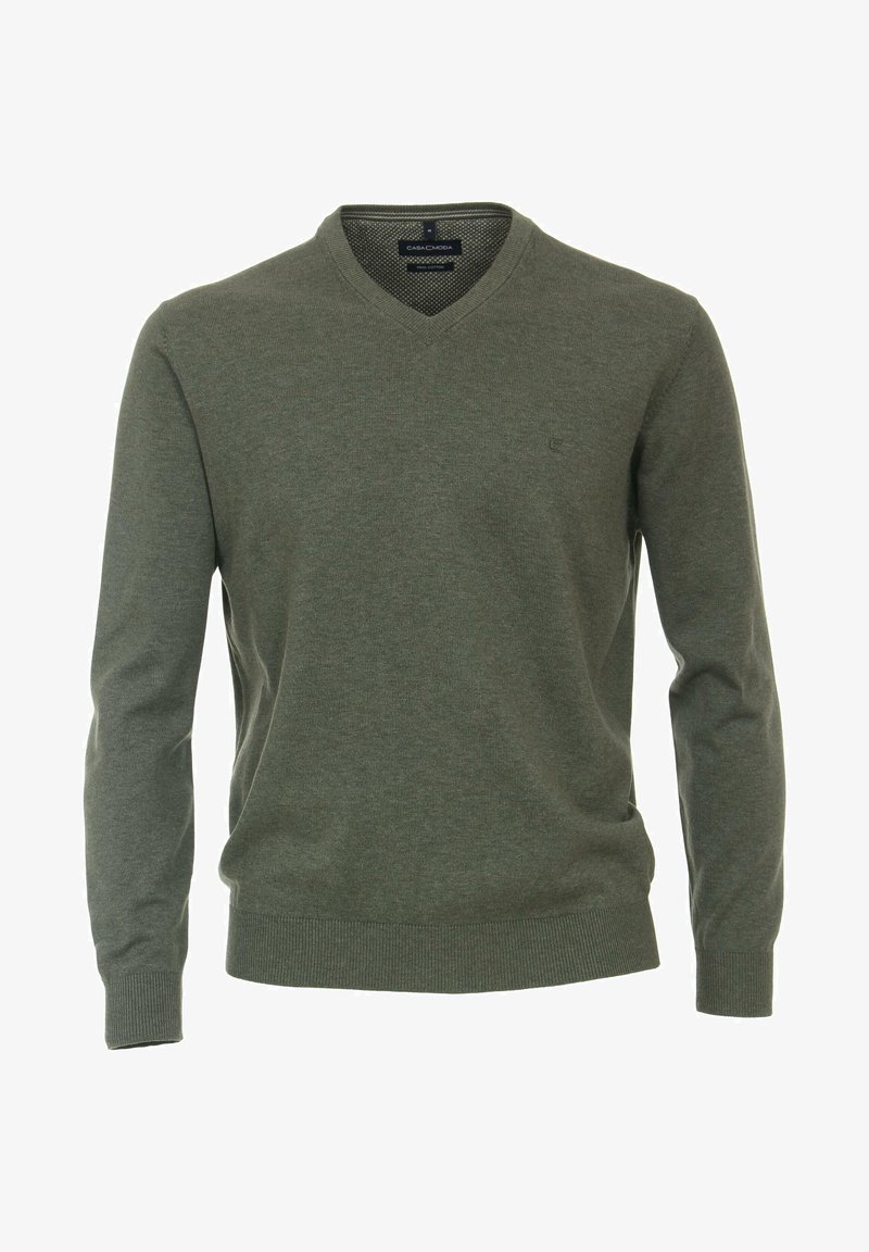 Grüner, langärmeliges V-Ausschnitt-Pullover aus weichem Strickmaterial. Hat gerippte Bündchen und Saum sowie ein kleines Logo auf der Brust.