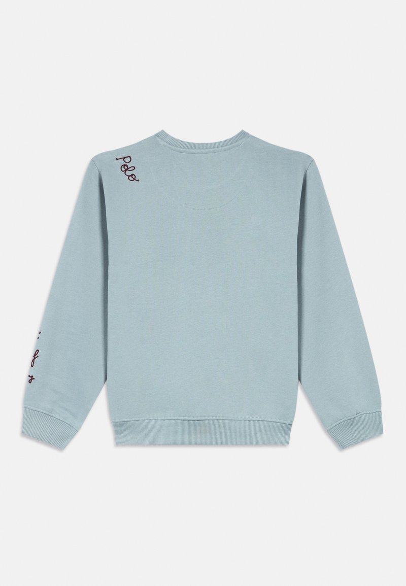 Jasnoniebieska bluza z długimi rękawami, ze ściągaczami na rękawach i u dołu, z haftowanymi detalami na ramieniu i rękawie. Miękka tekstura materiału.