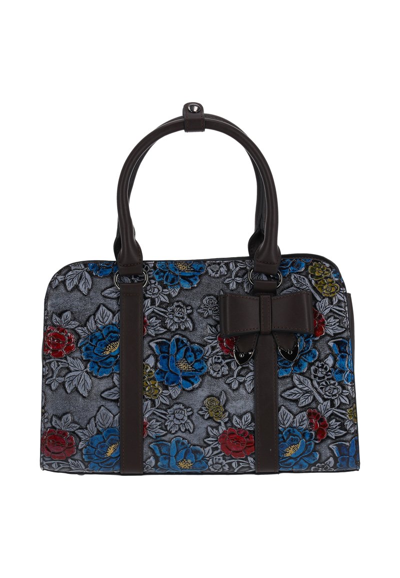 Sac à main à motif floral avec un fond gris, des fleurs bleu vif, rouge et jaune, des poignées en cuir marron foncé et un accent nœud.