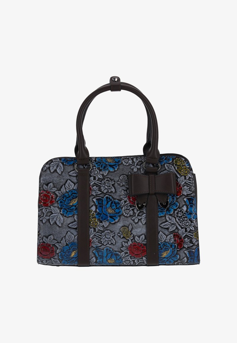 Sac à main à motif floral avec un fond gris, des fleurs bleu vif, rouge et jaune, des poignées en cuir marron foncé et un accent nœud.
