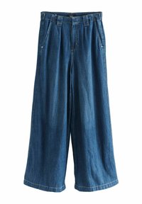 Tumši zili platleņķa denim pārtraukumi ar augsto jostasvietu, krokoto dizainu, divām priekšējām kabatām un taisniem galiem.