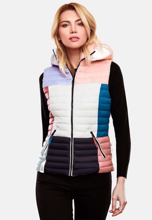 Multicolored puffer vest with a hood; features pink, purple, light blue, dark blue, and black sections, quilted design, and zippered pockets.