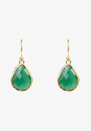 Green teardrop earrings with faceted stone design, framed in gold metal. Features a hook clasp at the top for secure wear.
