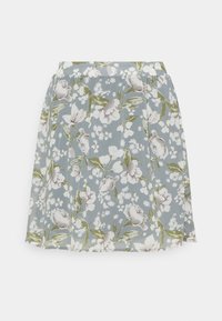 Kukallinen hame vaaleansinisestä kankaasta, jossa on valkoisia ja vihreitä kukkia, laskostettu muotoilu ja joustava vyötärö.