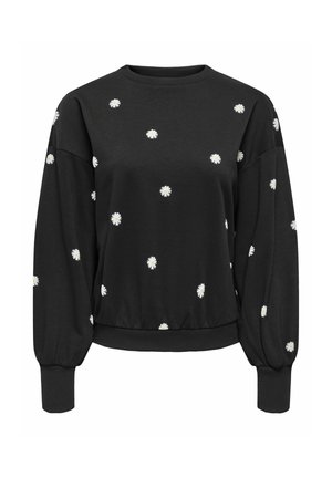 Must mustaärkidega must pusa, millel on dispergeeritud valged karikakrad ning soonilised varrukate ja ääre servad, esitatud valgel taustal.