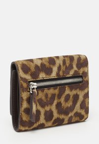 Leopard-print suede wallet with a zippered pocket, black leather accents, and a compact rectangular shape. Features a smooth texture.