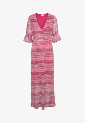 Roosa mustriga kleit sügava V-kaelusega, lühikeste rippuvate varrukatega ja pika voolava siluetiga. Omab mitme värvi lainetava kujundusega mustrit.