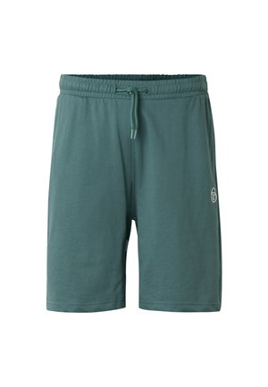 Shorts verts à taille élastique avec cordon de serrage et petit logo blanc sur la jambe gauche, présentés sur un fond blanc.