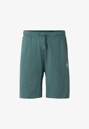 Shorts verts à taille élastique avec cordon de serrage et petit logo blanc sur la jambe gauche, présentés sur un fond blanc.