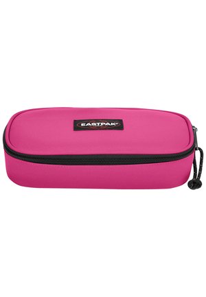 Pink zippered pencil case with a smooth surface, black zipper, and a black Eastpak logo patch on one side. Rectangular shape and durable material.