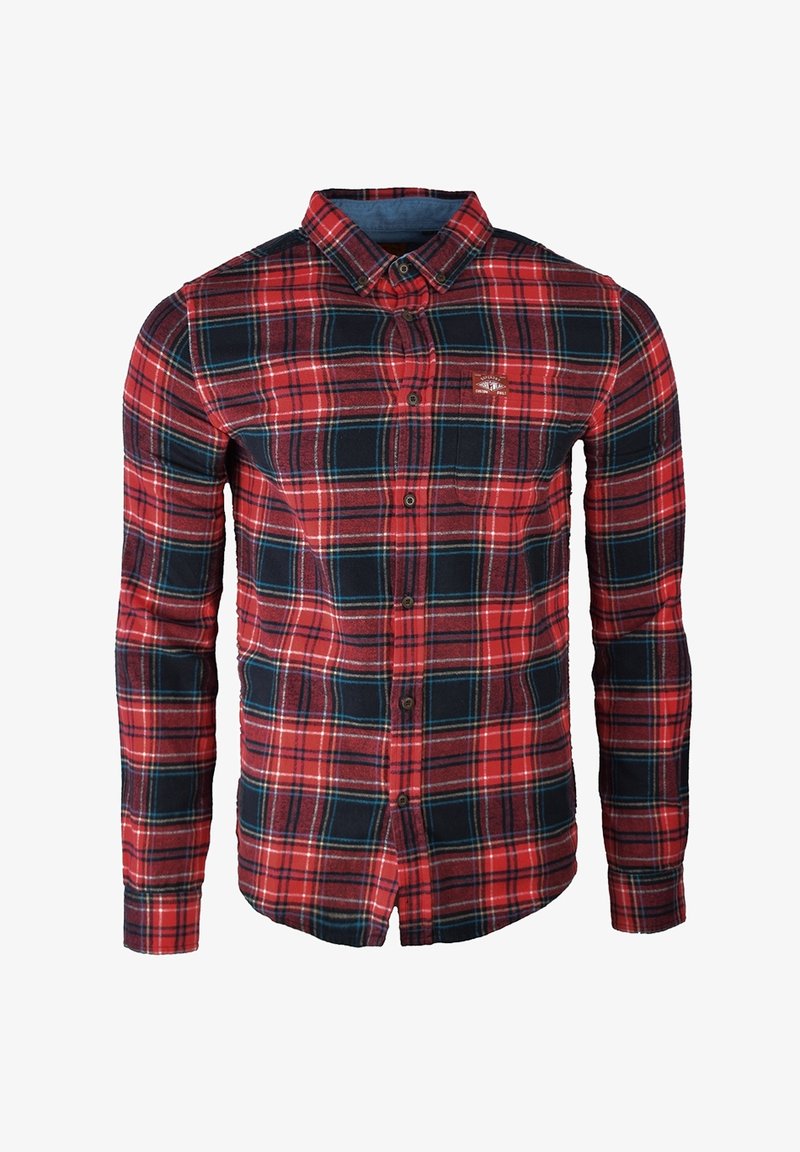 Rot und Marineblau karierte Langarm-Hemdbluse mit Kragen, Brusttasche und Knöpfen, aus einem weichen, strukturierten Stoff.