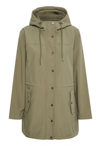 Giacca impermeabile verde oliva con cappuccio, bottoni a pressione, collo con cordino e due tasche laterali. Texture liscia e design dalla vestibilità rilassata.