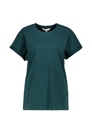 Dunkelgrünes, kurzärmeliges Baumwoll-T-Shirt mit aufgerollten Ärmeln und einem kleinen schwarzen Etikett in der Nähe des Saums, auf weißem Hintergrund präsentiert.