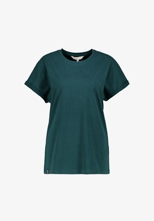 Dark teal short-sleeve cotton t-shirt with rolled cuffs and a small black tag near the hem, displayed on a white background.