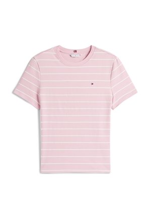 Roze gestreept T-shirt met witte horizontale strepen, ronde hals, korte mouwen, gemaakt van een zachte katoenmix, met een klein logo op de borst.