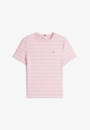Ružové pruhované tričko s bielymi horizontálnymi pruhmi, okrúhly výstrih, krátke rukávy, vyrobené z mäkkej zmesi bavlny, s malým logom na hrudi.