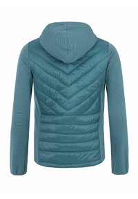 Mėlyna izoliacinė striukė su kapišonu, turinti chevrono siuvinėjimo raštą nugaros dalyje ir gumbuotą tekstūrą ant rankovių.