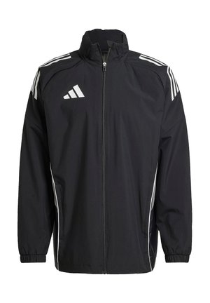 Zwarte windbreakerjack met een ritssluiting aan de voorkant, hoge kraag en elastische manchet. Witte Adidas-logo en drie strepen op de schouders. Soepele textuur.