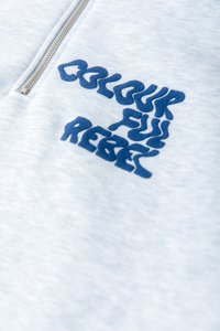 Tejido gris claro con cremallera plateada y texto ondulado azul que dice "Colour Fun Rebel" impreso en el área del pecho.