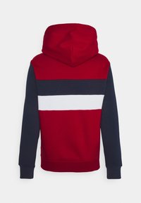 Felpa con cappuccio caratterizzata da un corpo rosso e maniche blu navy, striscia orizzontale bianca, texture morbida e polsini e orlo a coste. Sfondo trasparente.