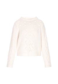 Fehér, rövidített pulóver puha kötött anyagból. Texturált mintával és nyitott öltésekkel ellátott, hosszú ujjú. Kerek nyakkivágással rendelkezik.