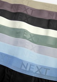Mehrfachpack mit Unterhosen mit elastischen Bändern in Schwarz, Grün, Blau, Grau und Beige, alle geprägt mit dem "NEXT"-Logo.