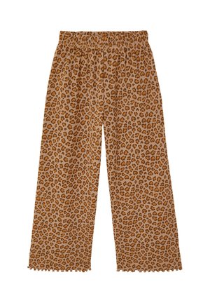 Hose mit weitem Bein und elastischem Bund, mit braun-schwarzem Leopardenmuster und Rüschenabschlüssen.