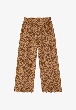 Hose mit weitem Bein und elastischem Bund, mit braun-schwarzem Leopardenmuster und Rüschenabschlüssen.