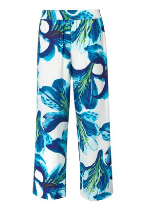 Pantalons fluides à jambes larges en blanc avec un motif floral audacieux bleu et vert. Tissu doux avec une taille élastique pour le confort.