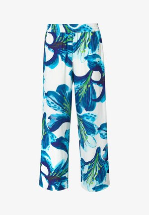 Fließende, weite Hosen in Weiß mit einem kräftigen blauen und grünen Blumenmuster. Weicher Stoff mit einem elastischen Bund für Komfort.