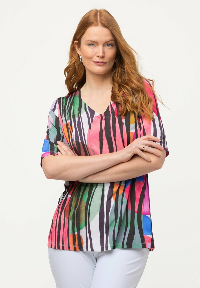 Ulla Popken Chemisier Femme Grande Taille – Trapèze Viscose Imprimé Pois Fins, Manches 3/4 Avec Cordon