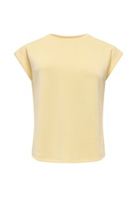 Haut sans manches jaune clair avec col rond et coupe ample, présenté sur fond blanc.