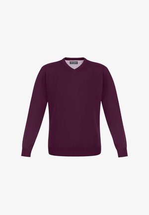 Sweter pulower w głębokim purpurowym kolorze, z dekoltem w kształcie litery V, długimi rękawami, żeberkowymi mankietami i dołem, gładką fakturą, wykonany z lekkiego materiału dzianinowego.