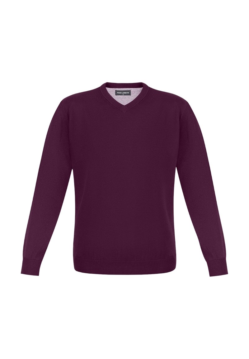 Sweter pulower w głębokim purpurowym kolorze, z dekoltem w kształcie litery V, długimi rękawami, żeberkowymi mankietami i dołem, gładką fakturą, wykonany z lekkiego materiału dzianinowego.