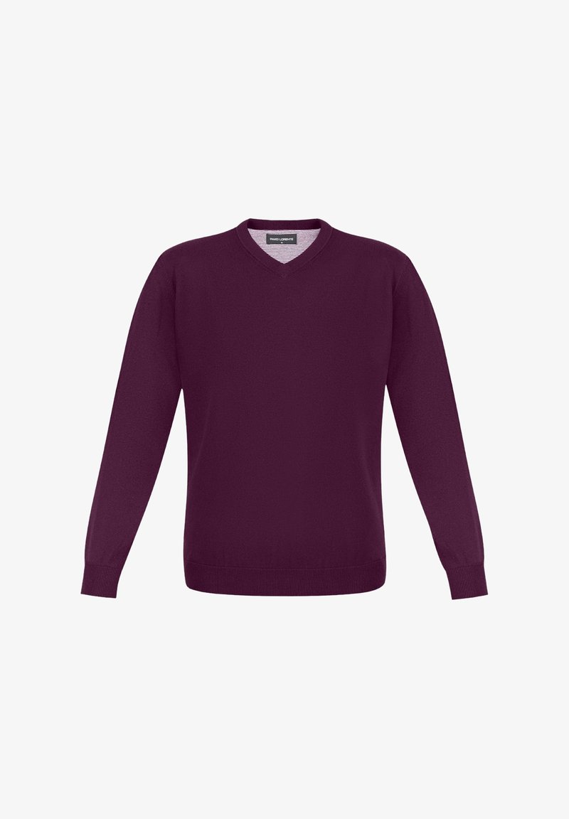 Sweter pulower w głębokim purpurowym kolorze, z dekoltem w kształcie litery V, długimi rękawami, żeberkowymi mankietami i dołem, gładką fakturą, wykonany z lekkiego materiału dzianinowego.