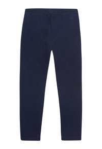 Dunkelblaue Leggings aus einem weichen, dehnbaren Stoff. Sie verfügen über einen breiten, elastischen Taillenbund und eine glatte, unverschönerte Textur.