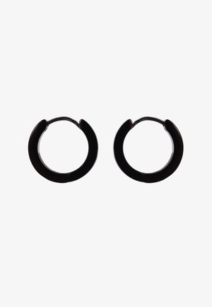 Schwarze Harz-Hoops mit glänzender Oberfläche, die eine runde Form und ein nahtloses Design aufweisen, das sich oben verbindet.
